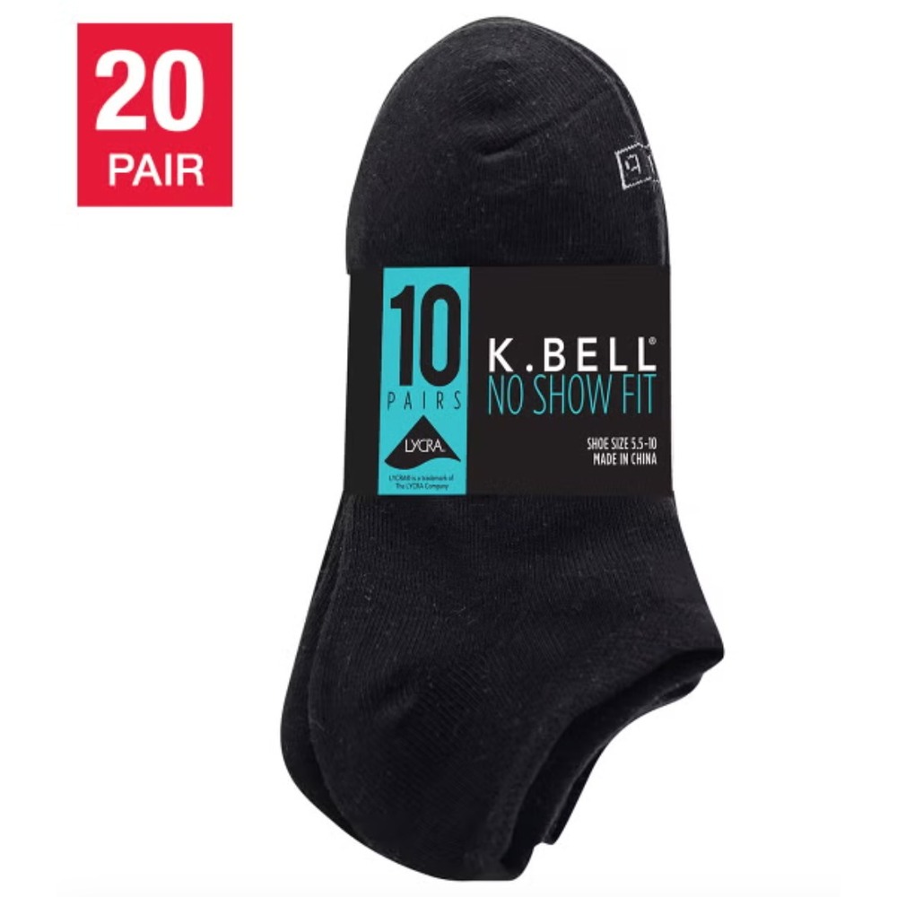 K Bell Women's No Show Sock, 20 pair, Black, Size 5.5-10, New